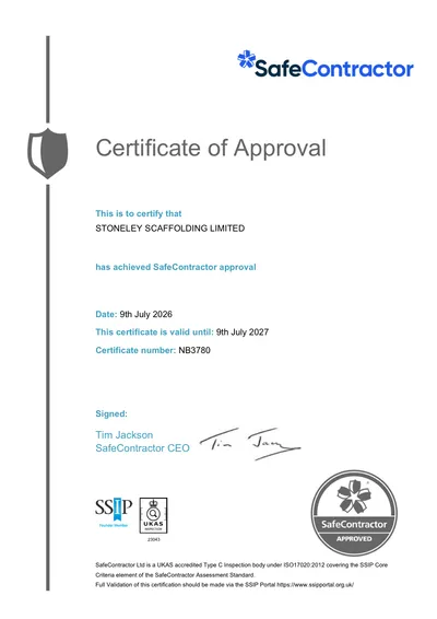 SafeContractor certificate of approval for Stoneley Scaffolding Limited, certificate number NB3780