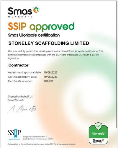 SMAS Worksafe SSIP approved certificate for Stoneley Scaffolding Limited, certificate number 184480